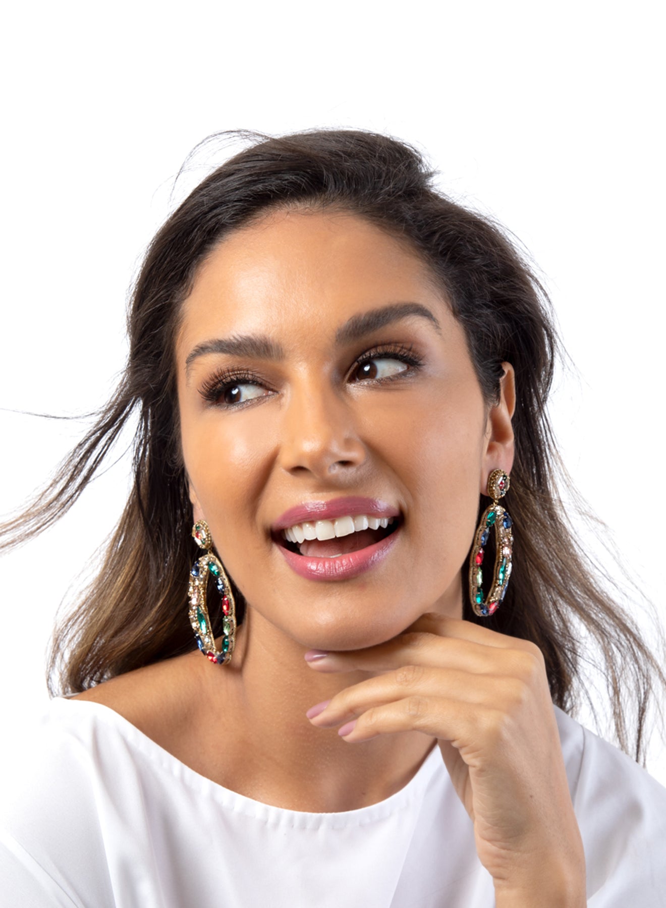 Model wearing Deepa by Deepa Gurnani Freida Earrings Multi Color