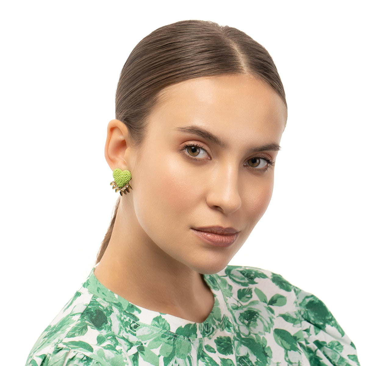 Model wearing Deepa by Deepa Gurnani Handmade Lime Danika Earrings