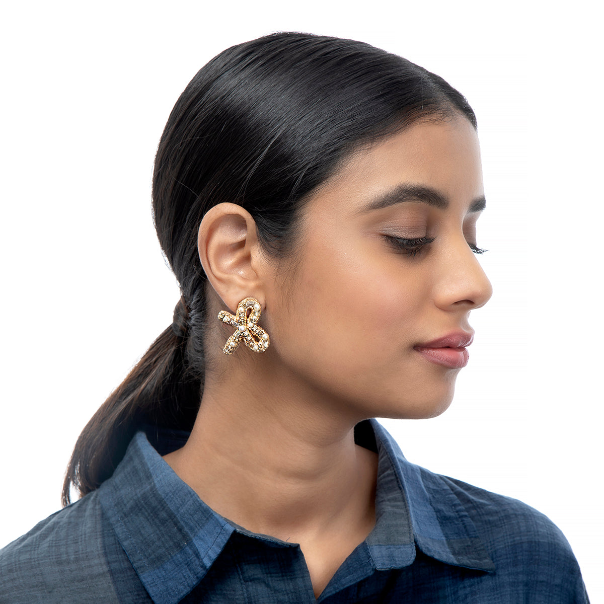 Deepa by Deepa Gurnani bow design Handmade Elsa Earrings on model