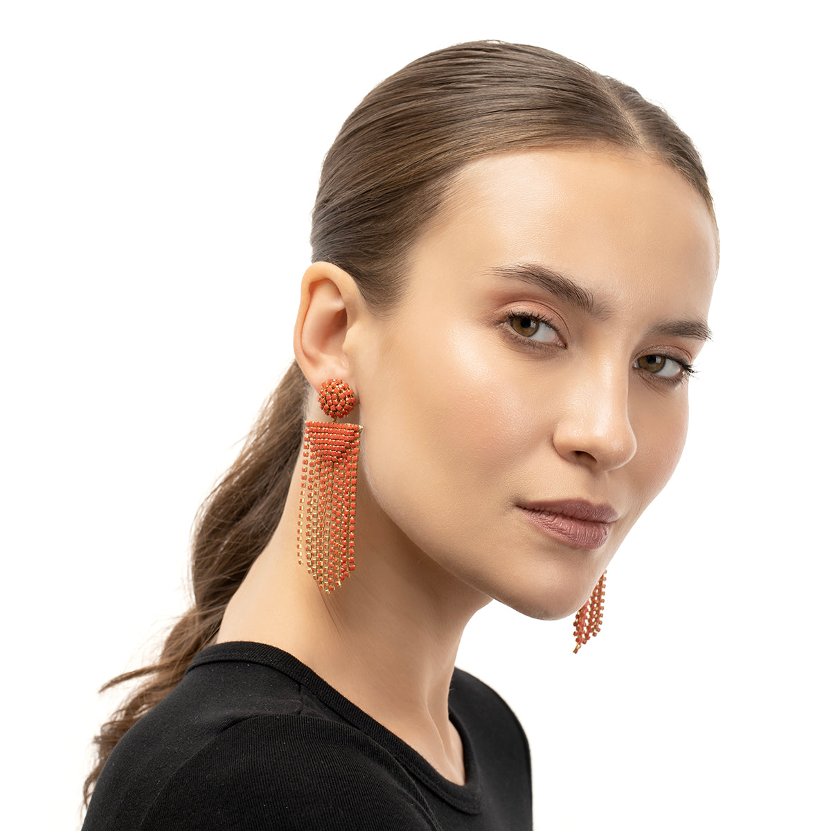 Model wearing our Deepa by Deepa Gurnani Handmade Luxury Coral Fanning Earrings