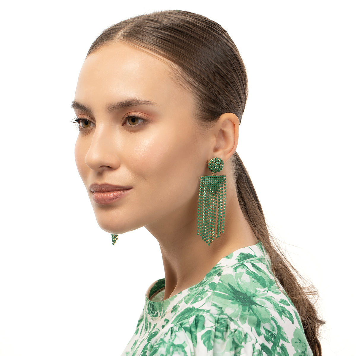 Model wearing our Deepa by Deepa Gurnani Handmade Green Fanning Earrings