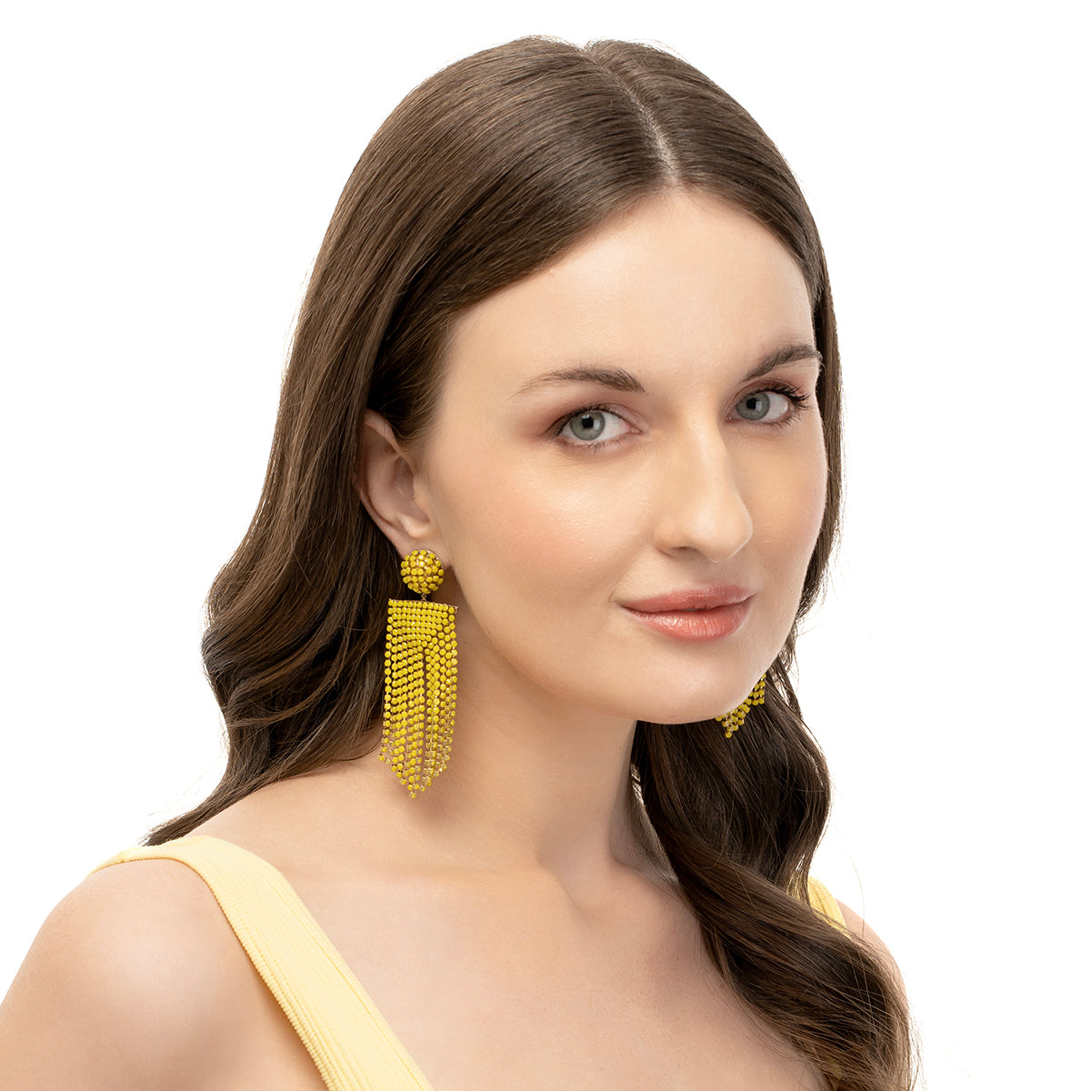 Model wearing our Deepa by Deepa Gurnani Handmade Luxury Yellow Fanning Earrings