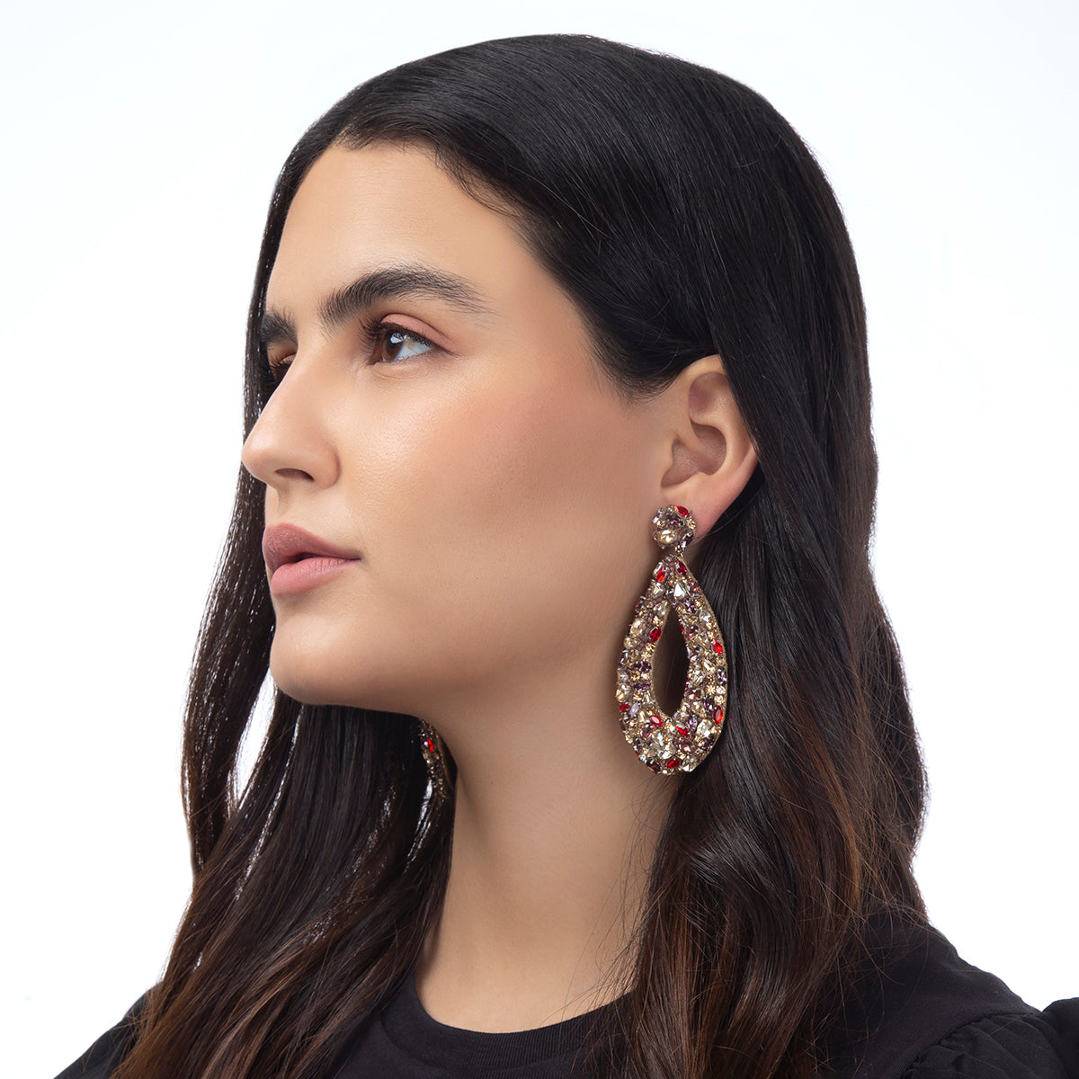 Model wearing handmade luxury crystal earrings