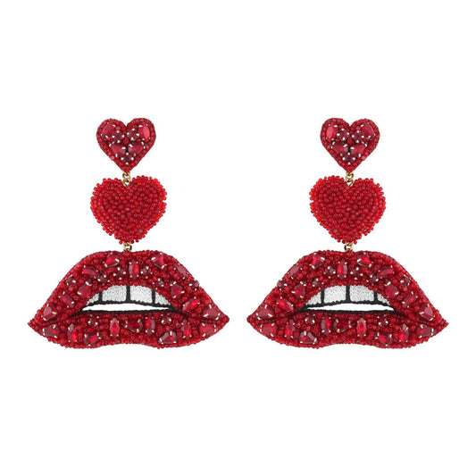 Handmade Luscious crystal red lip earrings by Deepa Gurnani