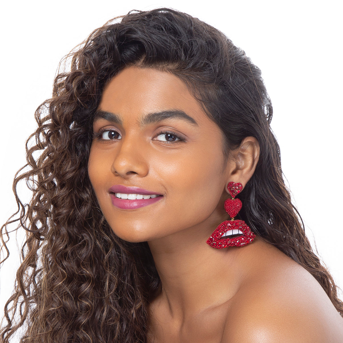 Luscious crystal red lip earrings by Deepa Gurnani