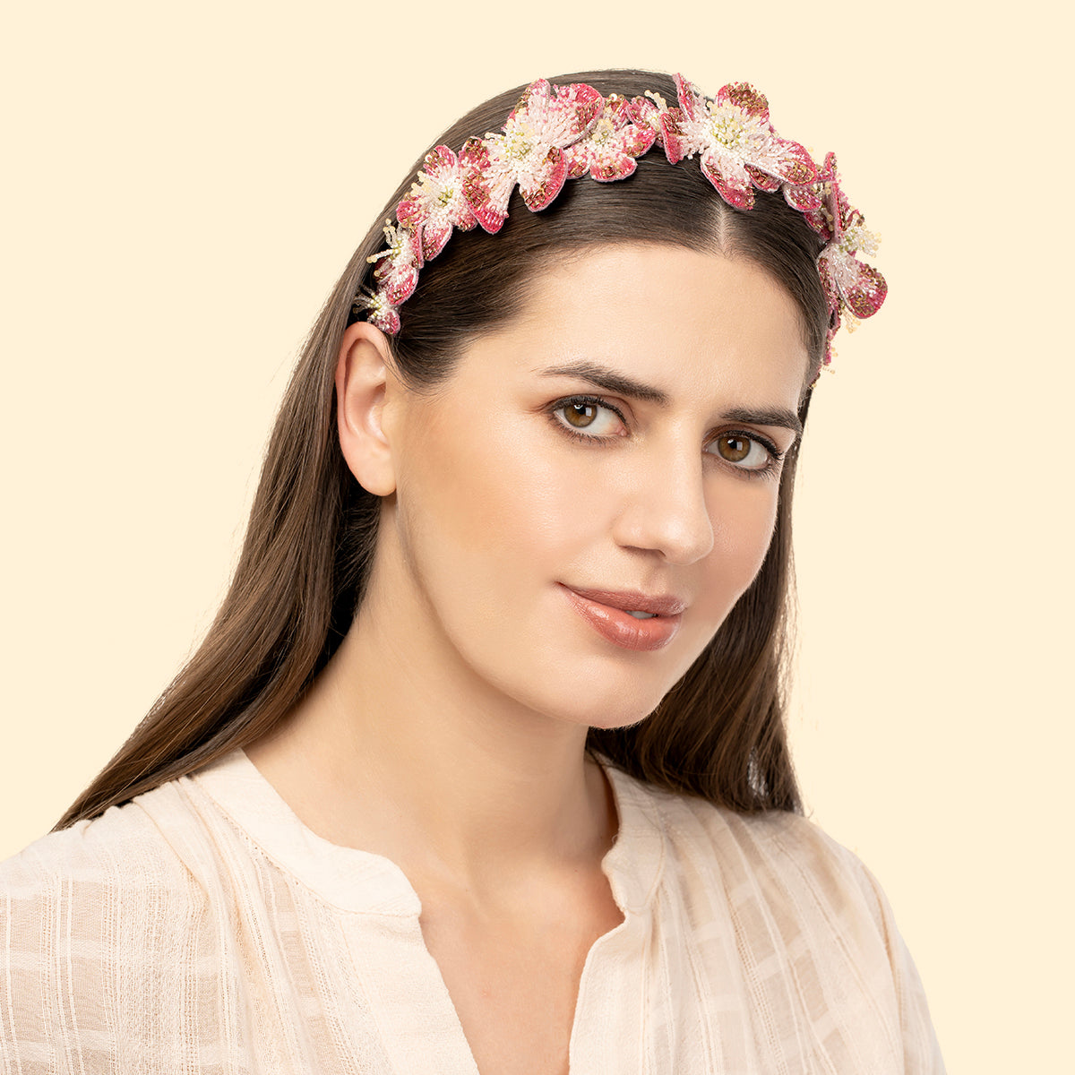 Model wearing our Handmade Fuchsia Regina Headband