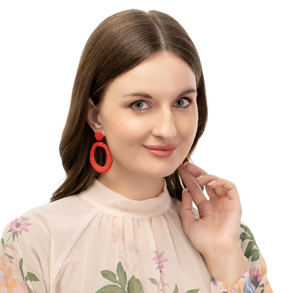 Model wearing our Deepa by Deepa Gurnani Handmade Red Asta Earrings