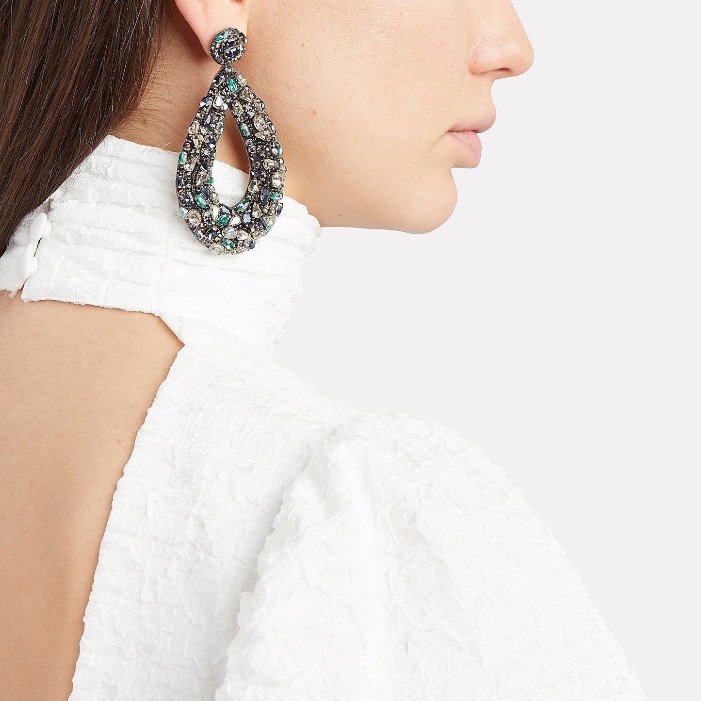 Model wearing Karen Earrings in Gunmetal color