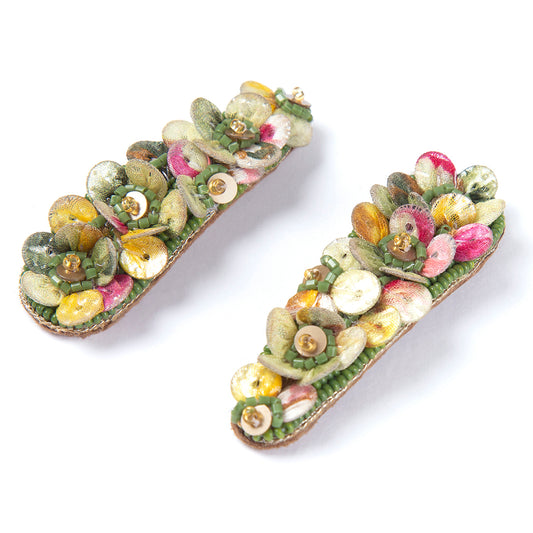 Spice up your hair-do with our lightweight, hand embroidered Olive color Florentine Hair Clips.