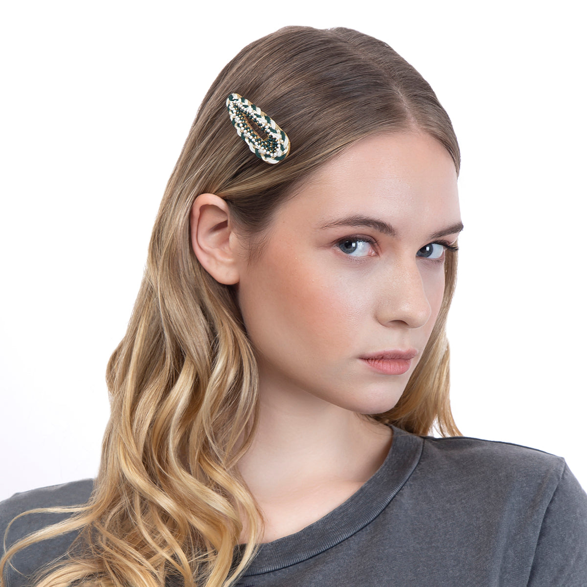 Model wearing our embroidered Navi Clip