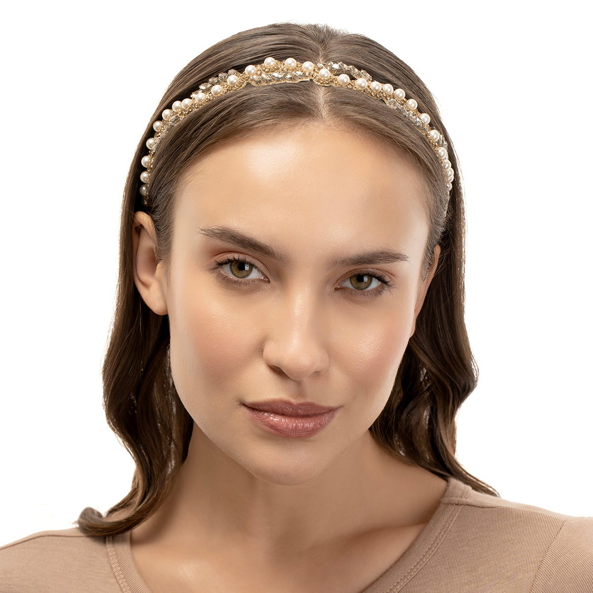 Model wearing handmade Wesley Headband in Gold Color