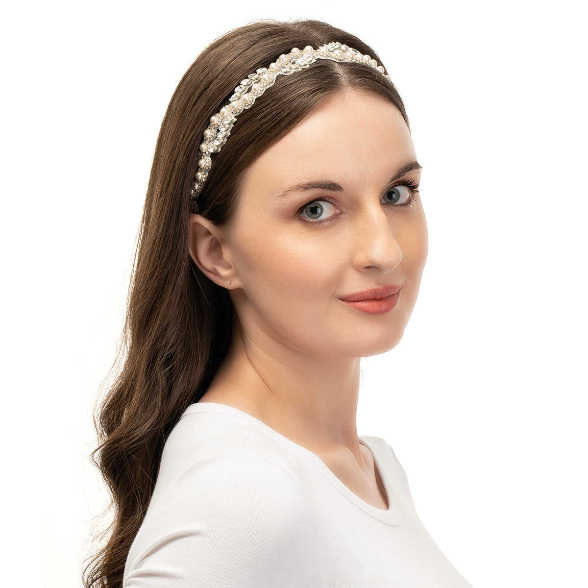 Model wearing handmade Wesley Headband in Silver Color