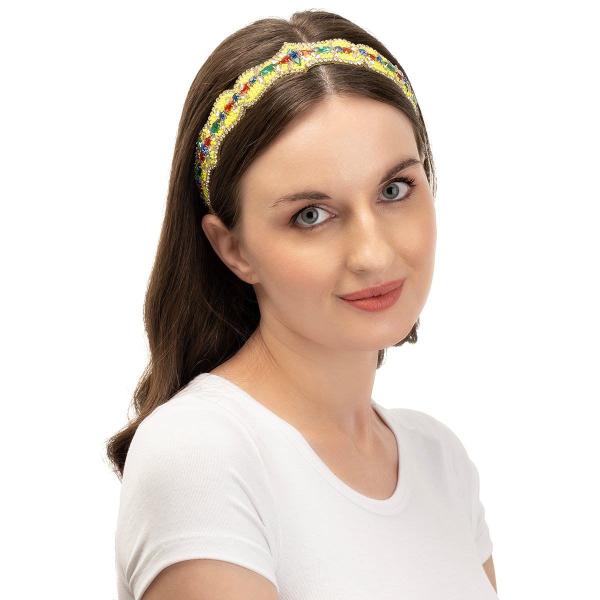 Model wearing our Deepa by Deepa Gurnani Handmade Luxury Fluorescent Yellow Stephanie Headband