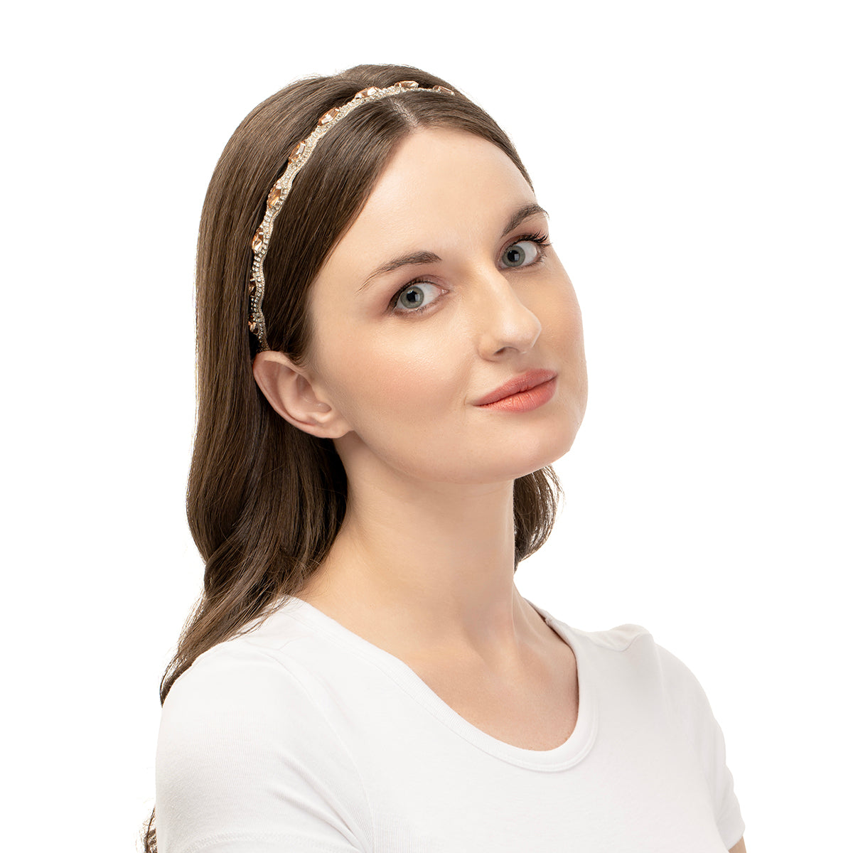 Model wearing Deepa by Deepa Gurnani Handmade Irene Headband In Gold Color