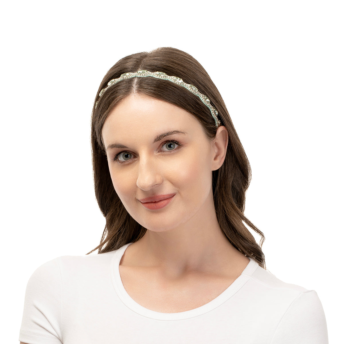 Model wearing Deepa by Deepa Gurnani Handmade Irene Headband In Mint Color