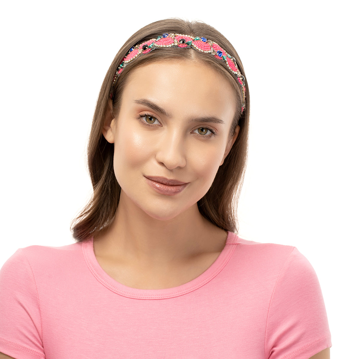 Model wearing our Deepa by Deepa Gurnani Handmade Fluorescent Pink Montana Headband