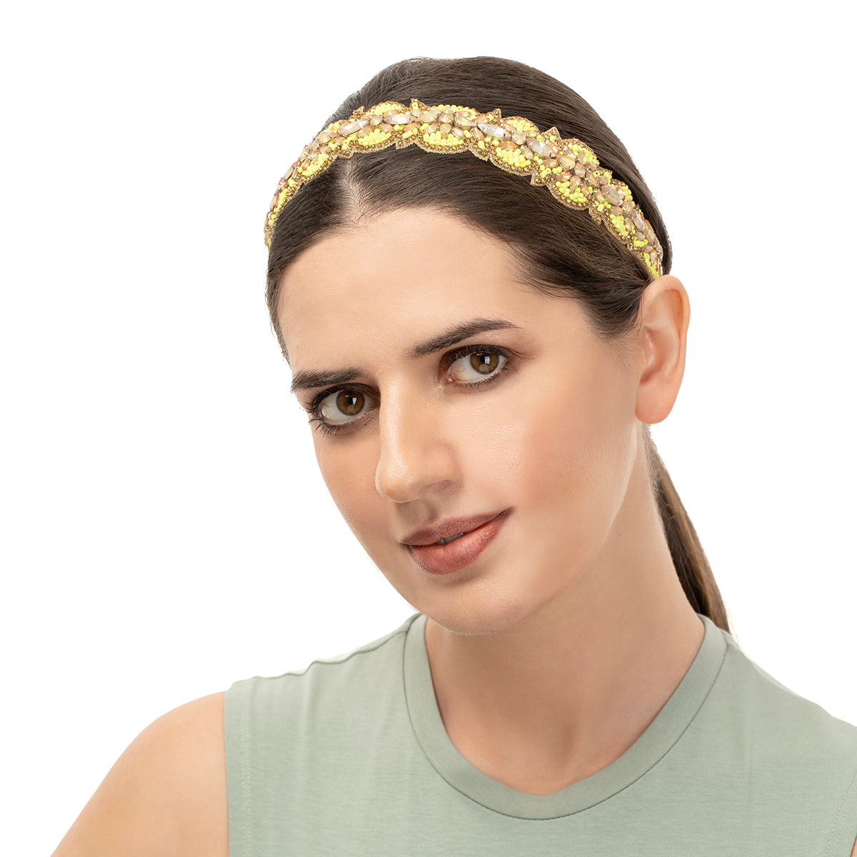 Model wearing our Deepa by Deepa Gurnani Handmade Luxury Fluorescent Yellow Brann Headband