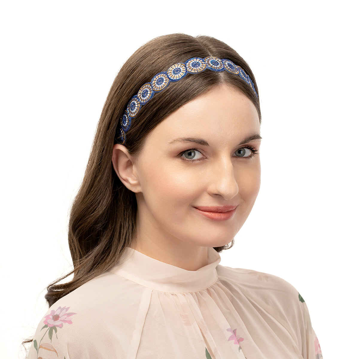 Model wearing our Deepa by Deepa Gurnani Handmade Luxury Sapphire Keatan Headband