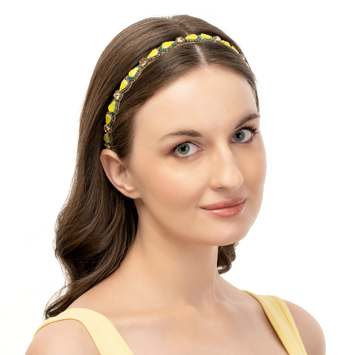 Model wearing our Deepa by Deepa Gurnani Handmade Fluorescent Yellow Rai Headband