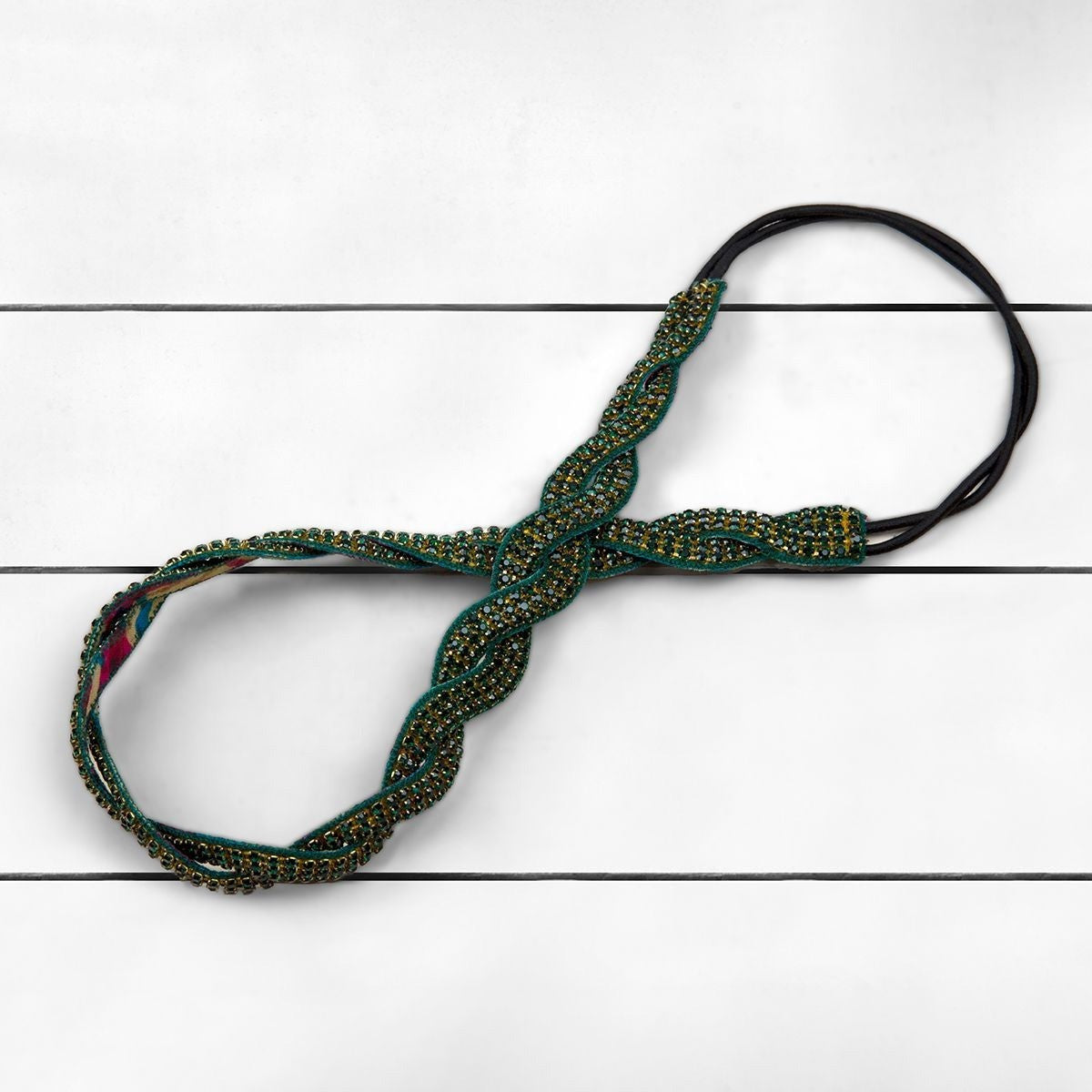 Deepa by Deepa Gurnani Handmade Ashley Elastic Headband Emerald on Wood Background